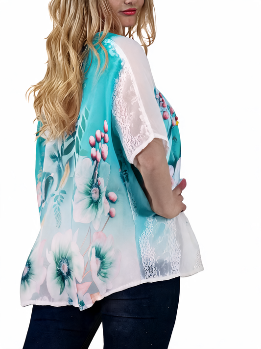 Botanical Garden Lace Overlay Watercolour Floral Print Top - Mint