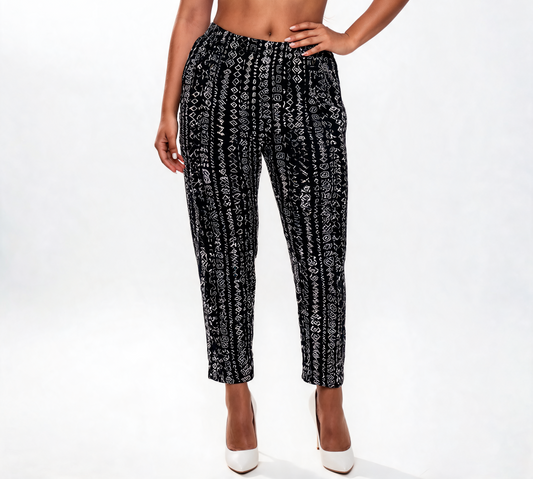 Dames broek met vierkante swirlprint zwart