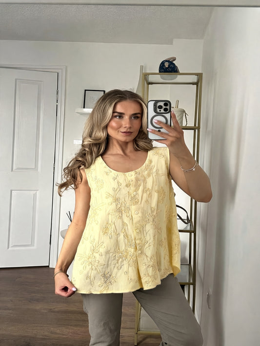 Floral Embroidered Button-Front Sleeveless Top - Lemon
