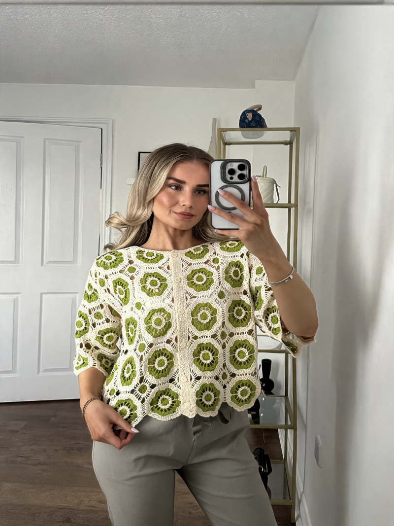 T-shirt met korte mouwen van bloemenkant en botanische print - Marineblauw