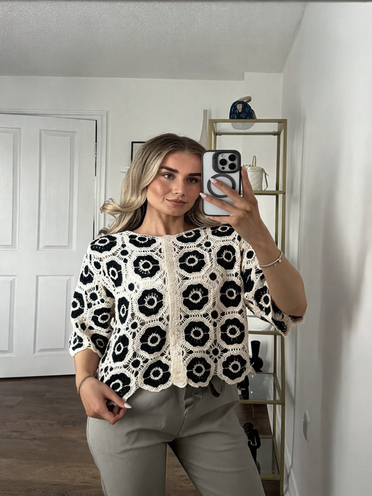 Floral Crochet Button-Front Top - Black