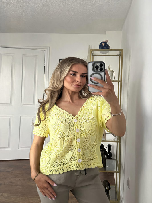 Heart Crochet Button-Front Top - Lemon
