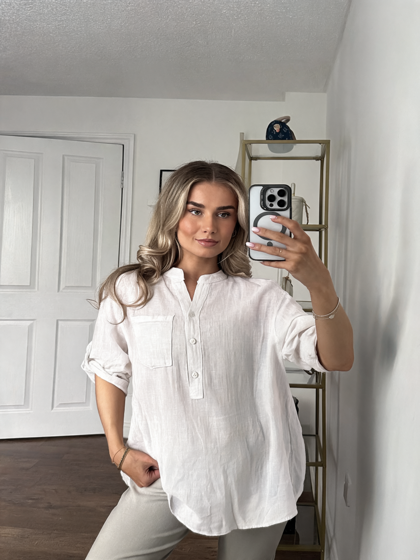 Serene Linen Blend Mandarin Collar Tunic Shirt - White