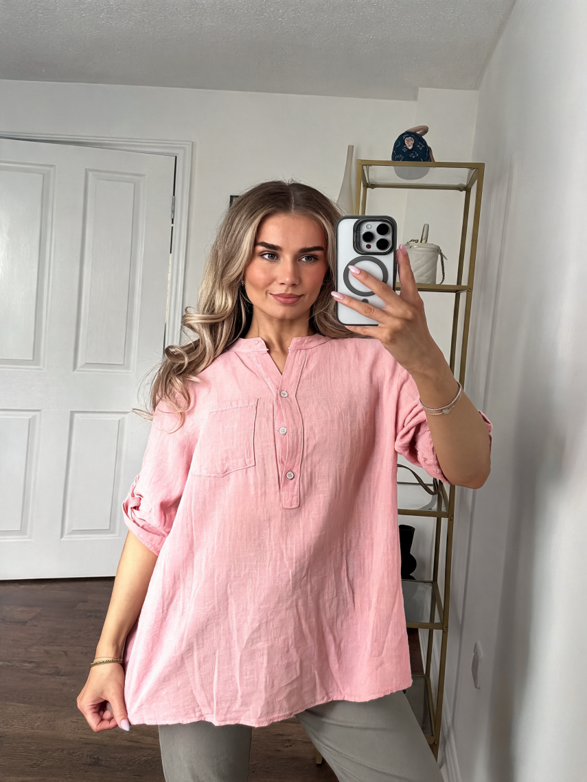 Serene Linen Blend Mandarin Collar Tunic Shirt - Pink
