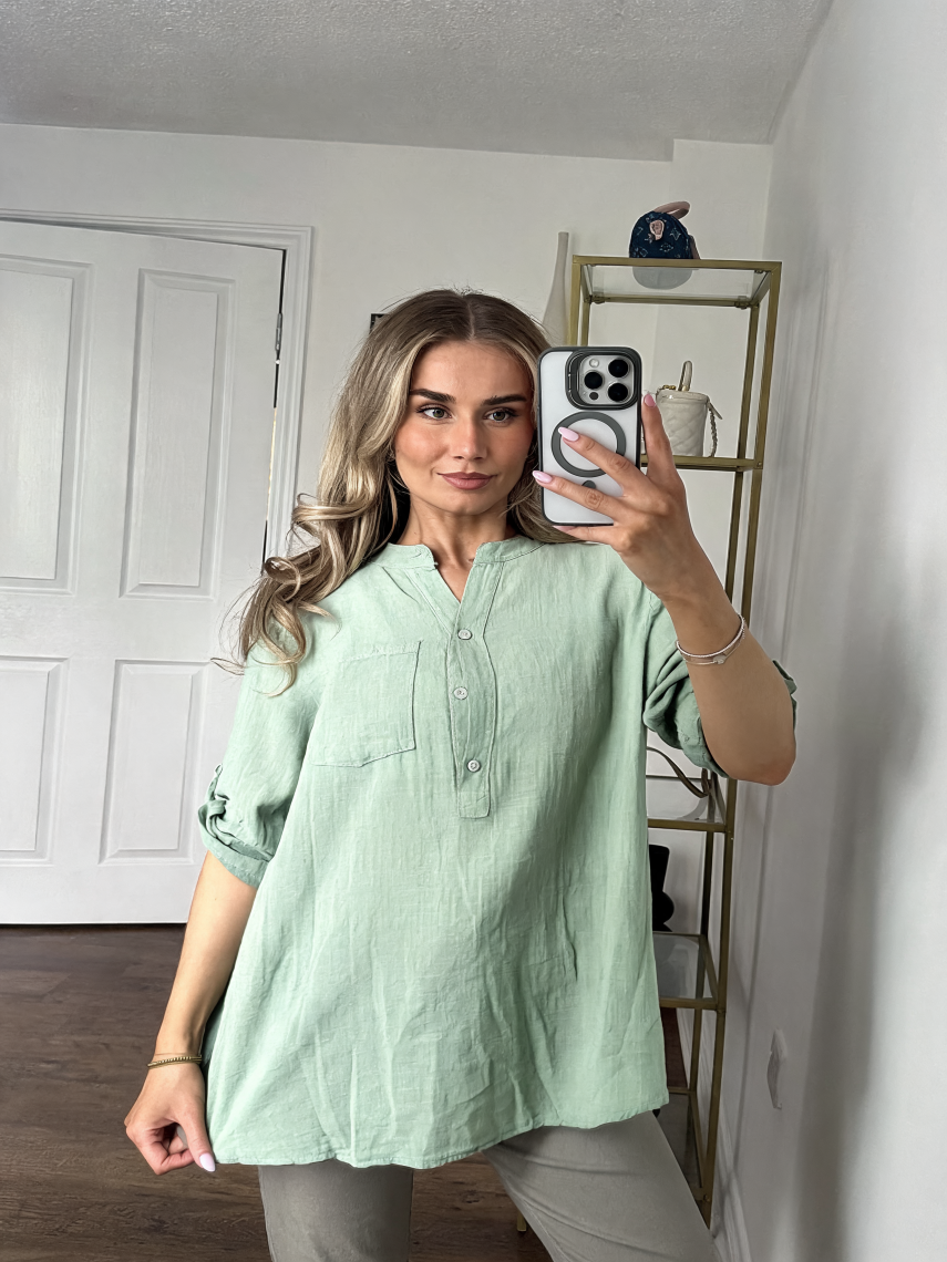 Serene Linen Blend Mandarin Collar Tunic Shirt - Sage Green