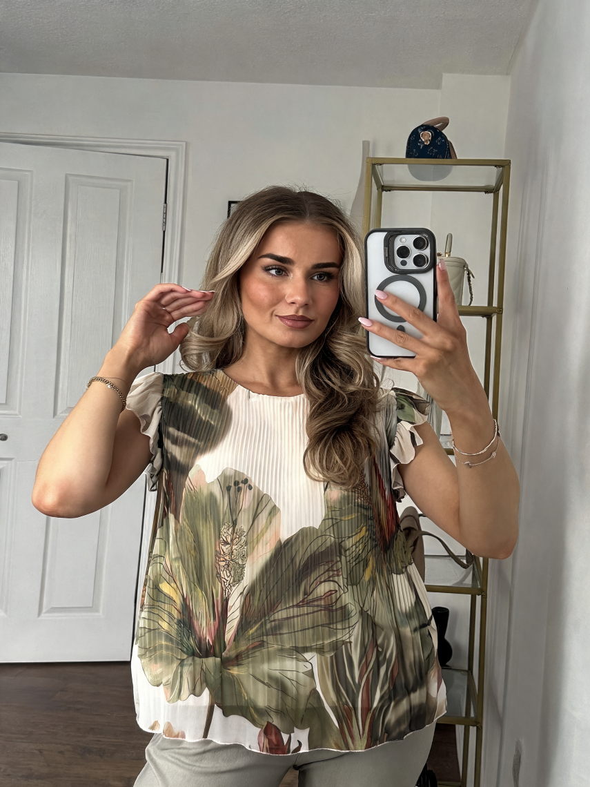 Ethereal Floral Pleated Flutter Sleeve Blouse - Khaki