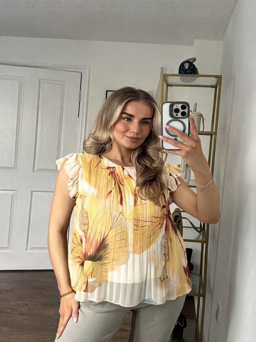 Ethereal Floral Pleated Flutter Sleeve Blouse - Lemon