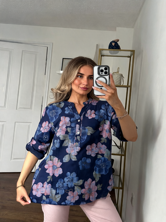 Botanical Print Roll-Tab Tunic Shirt - Navy