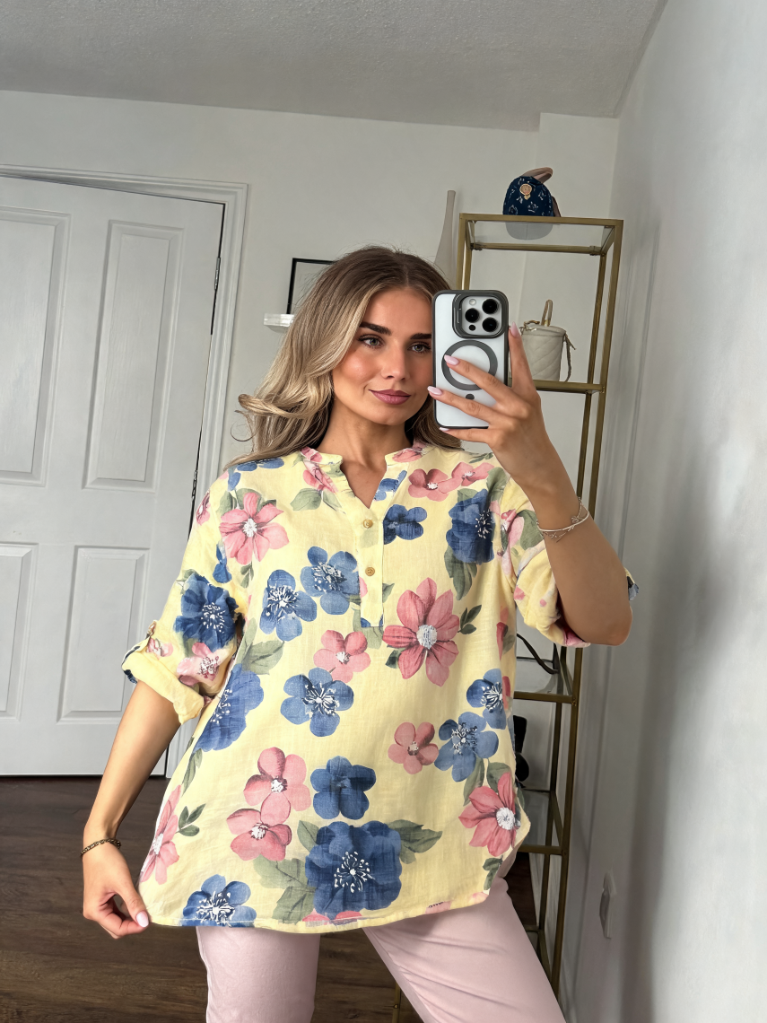 Botanical Print Roll-Tab Tunic Shirt - Lemon