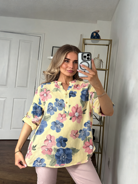 Botanical Print Roll-Tab Tunic Shirt - Lemon