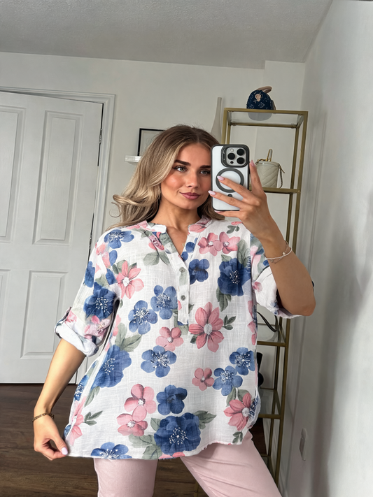 Botanical Print Roll-Tab Tunic Shirt - White