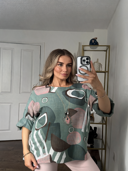 Abstract Geometric Mint Print Boxy Top - Khaki