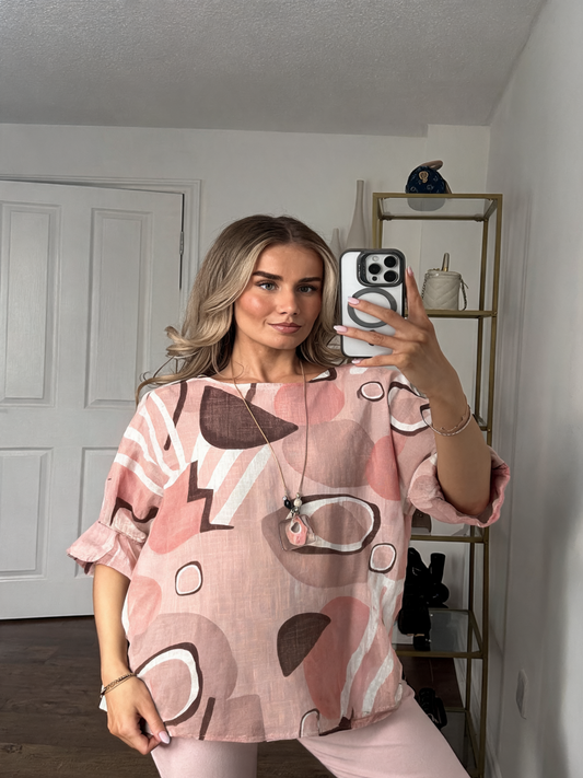 Abstract Geometric Mint Print Boxy Top - Pink