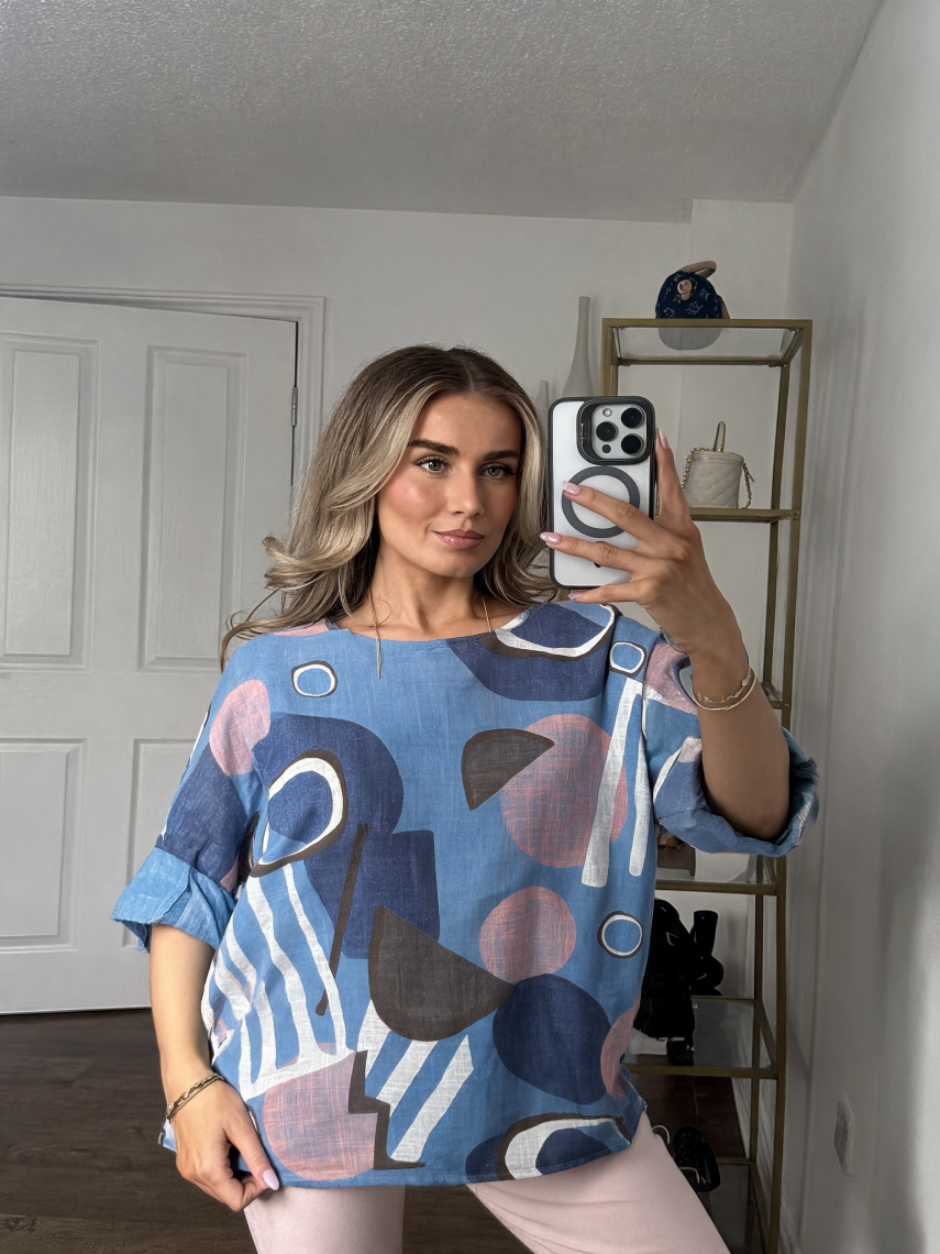 Abstract Geometric Mint Print Boxy Top - Denim