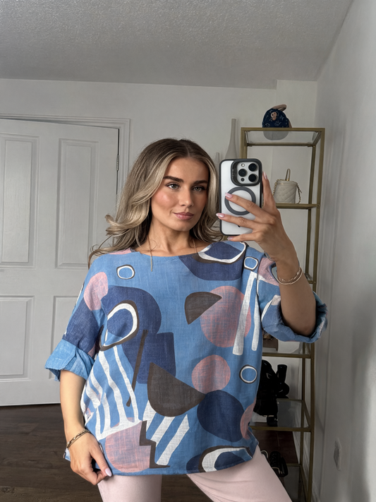 Abstract Geometric Mint Print Boxy Top - Denim