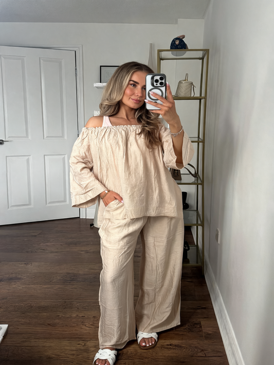 Linen-Feel Off-the-Shoulder Lounge Co-Ord Set - Beige