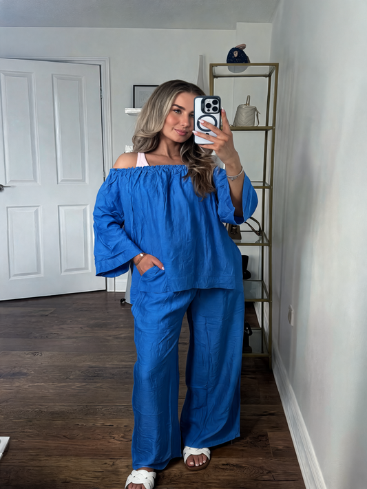 Linen-Feel Off-the-Shoulder Lounge Co-Ord Set - Blue