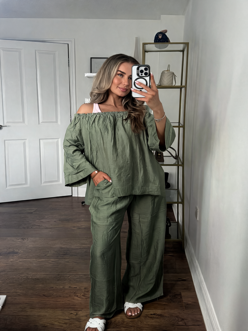 Linen-Feel Off-the-Shoulder Lounge Co-Ord Set - Khaki