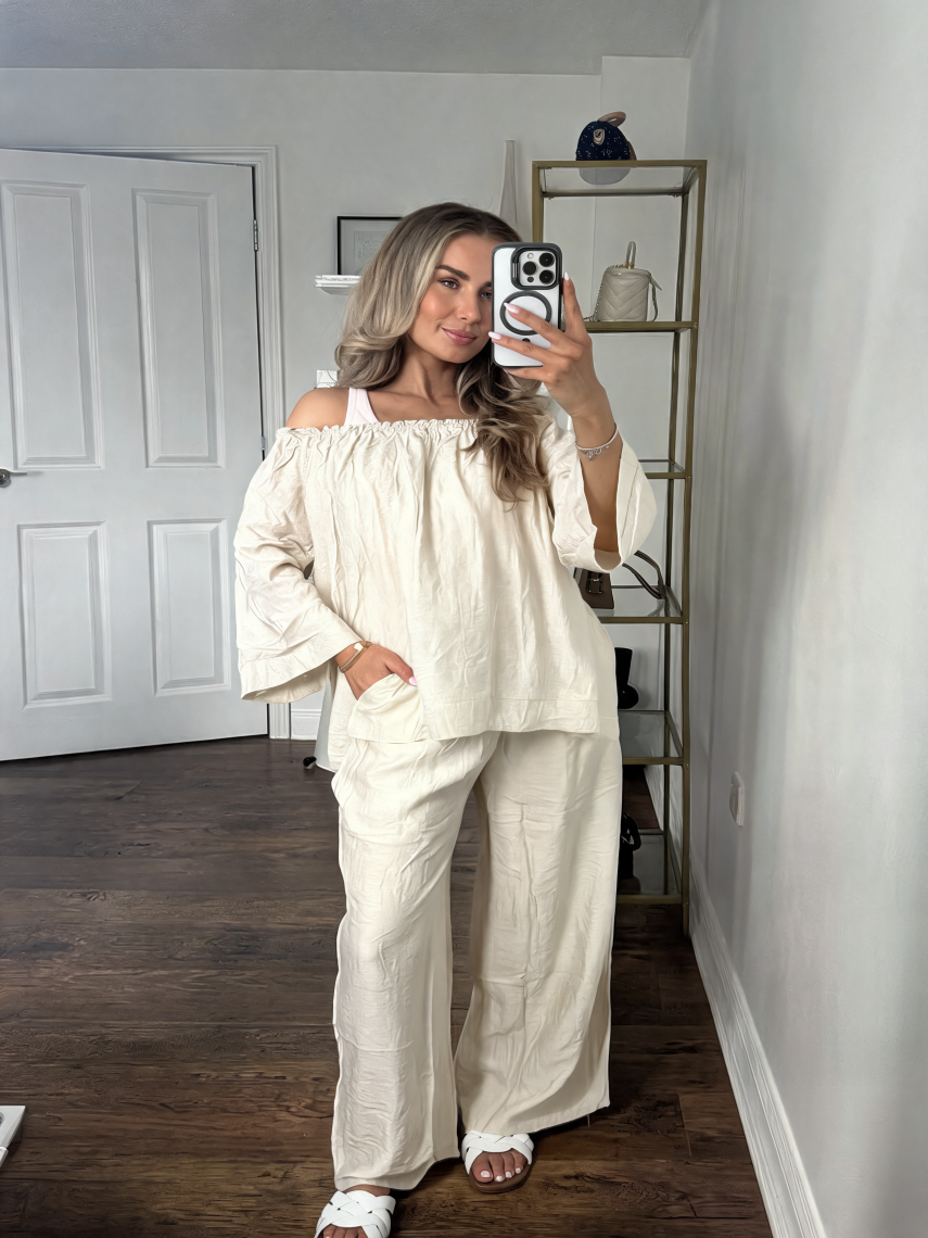 Linen-Feel Off-the-Shoulder Lounge Co-Ord Set - Cream