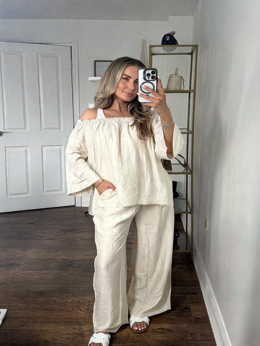 Linen-Feel Off-the-Shoulder Lounge Co-Ord Set - Cream
