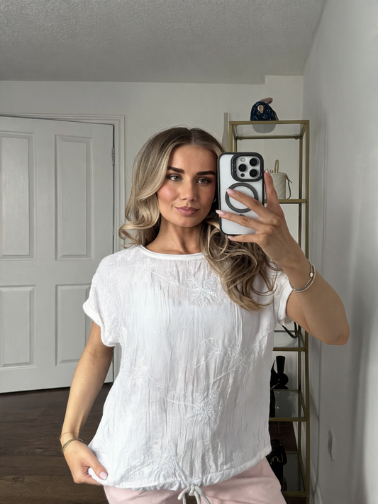 Floral Embroidered Crinkle Gauze Top with Drawstring Hem — White