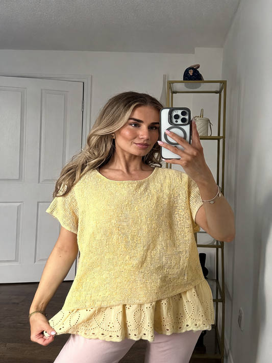 Waffle Knit Top with Broderie Anglaise Frill Hem — Lemon