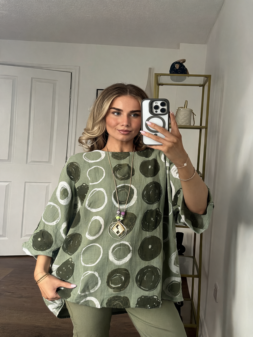 Abstract Circle Print Crinkle Cotton Oversized Top — Khaki