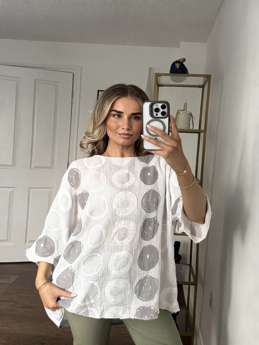 Abstract Circle Print Crinkle Cotton Oversized Top — White