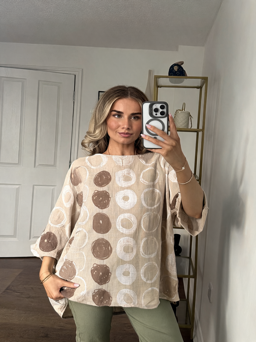 Abstract Circle Print Crinkle Cotton Oversized Top — Beige