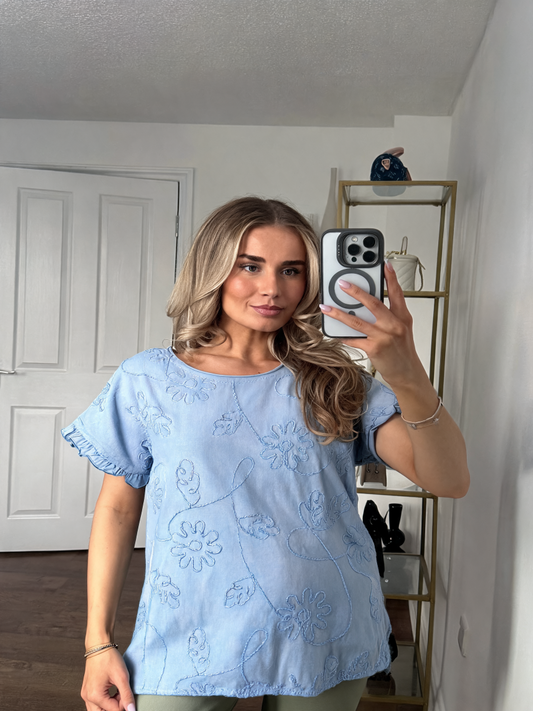 Tonal Floral Embroidered Textured Top — Sky Blue