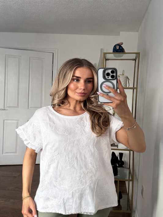 Tonal Floral Embroidered Textured Top — White