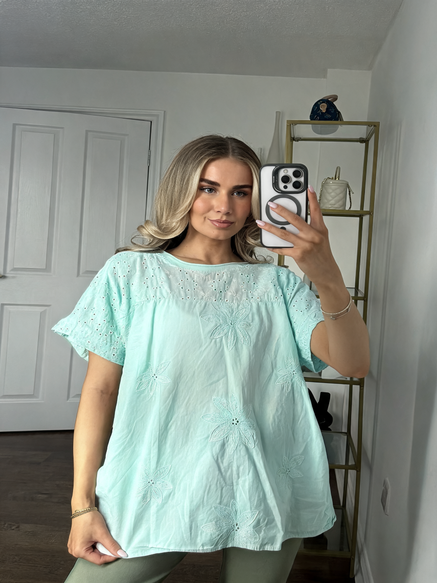 Broderie Anglaise & Floral Embroidered Oversized Top — Mint
