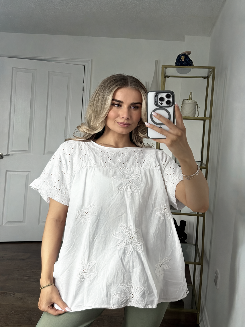 Broderie Anglaise & Floral Embroidered Oversized Top — White