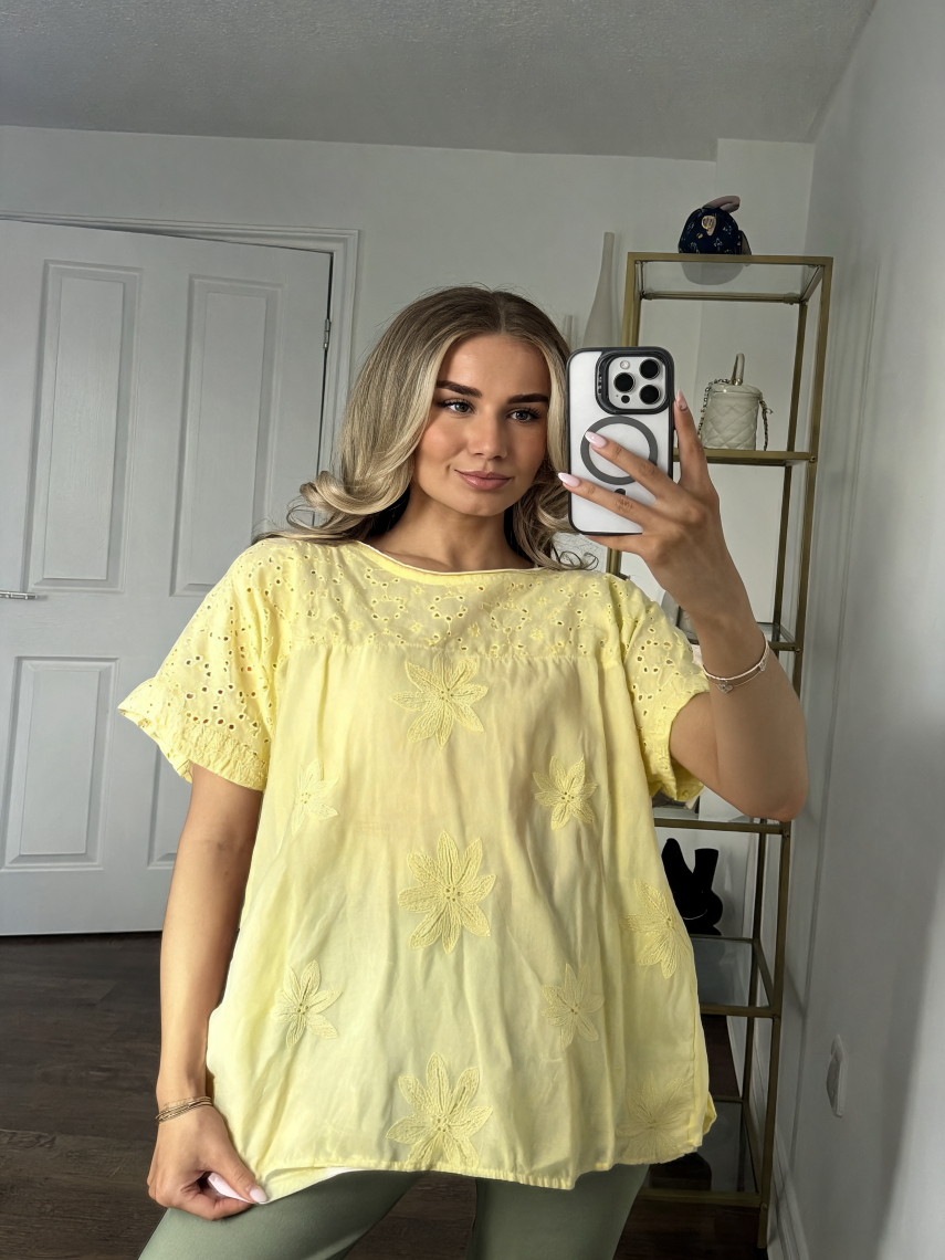 Broderie Anglaise & Floral Embroidered Oversized Top — Lemon