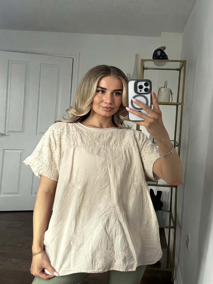 Broderie Anglaise & Floral Embroidered Oversized Top — Beige