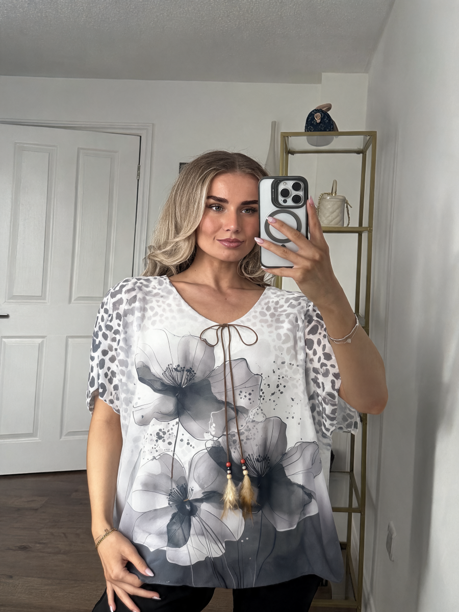 T-shirt met korte mouwen van bloemenkant en botanische print - Marineblauw