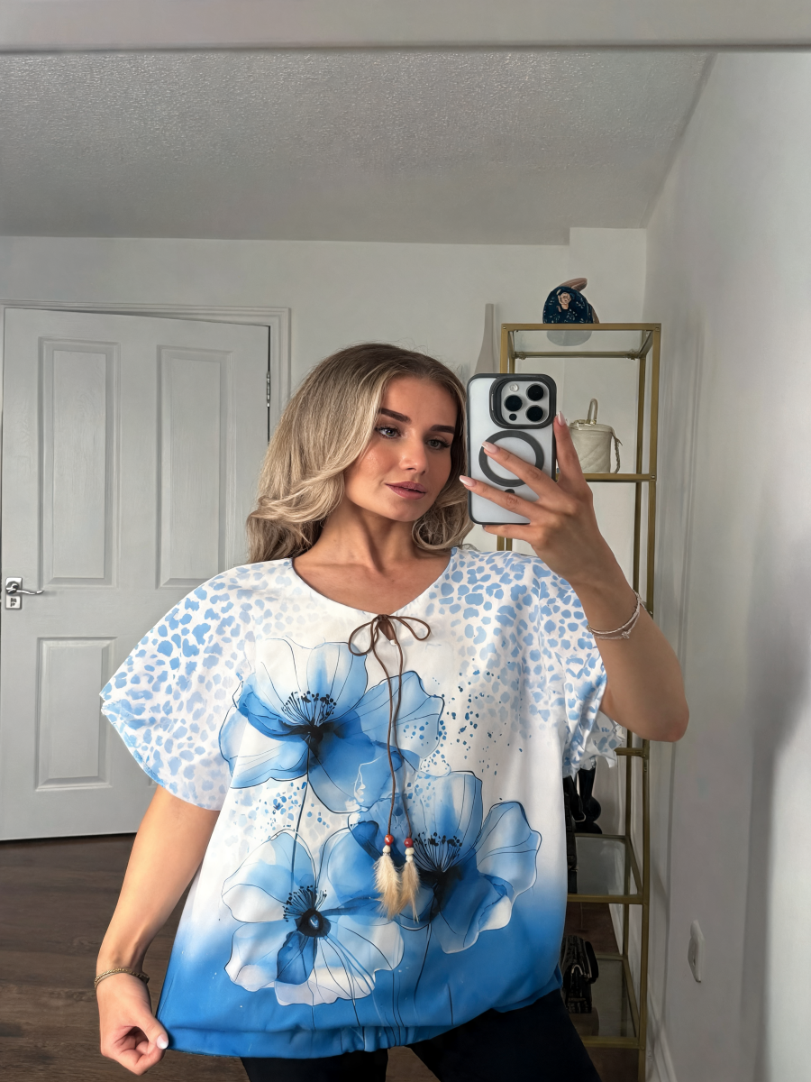 T-shirt met korte mouwen van bloemenkant en botanische print - Marineblauw
