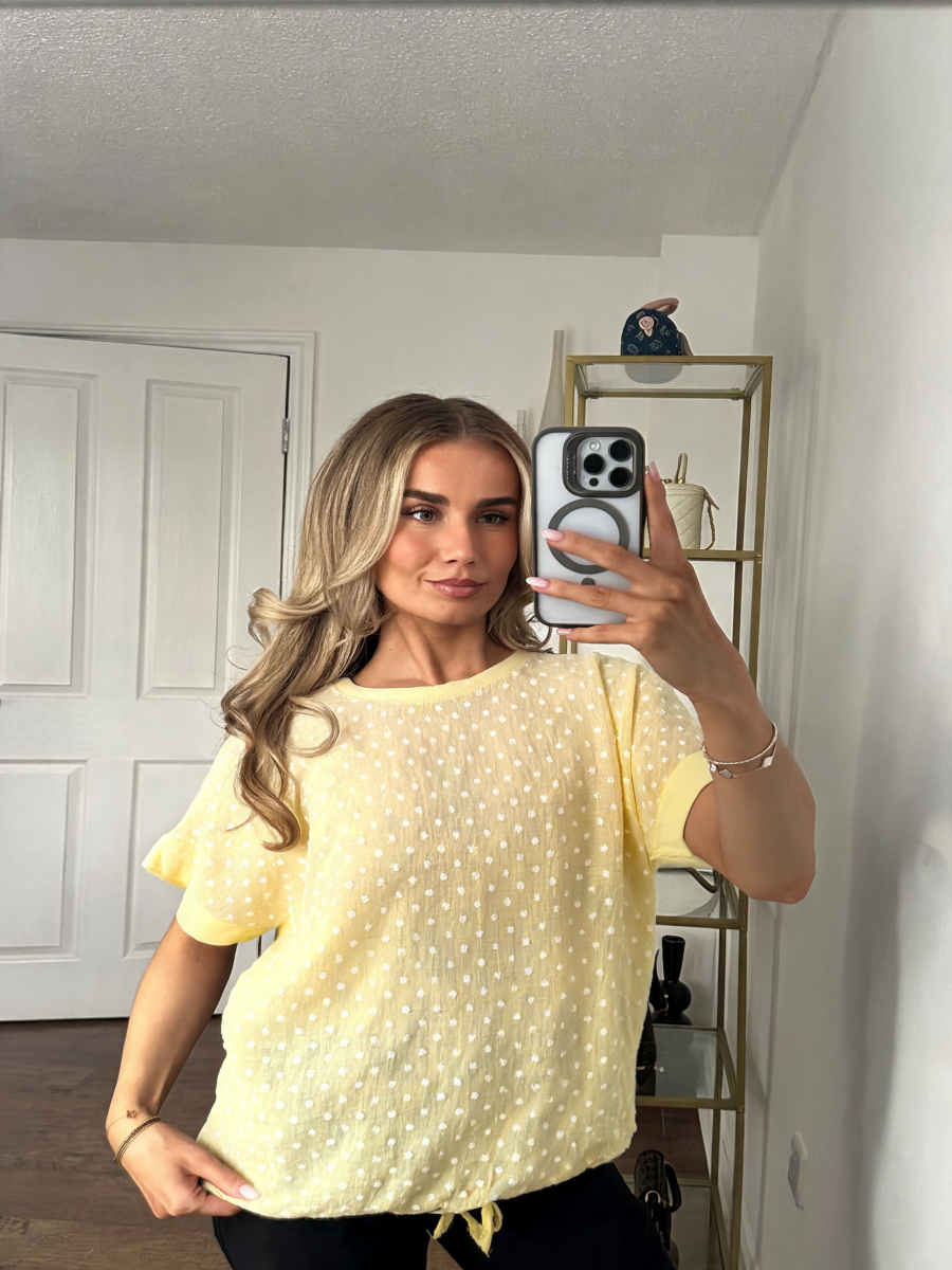 Polka Dot Textured Tee with Ruffle Sleeves & Drawstring Hem - Lemon