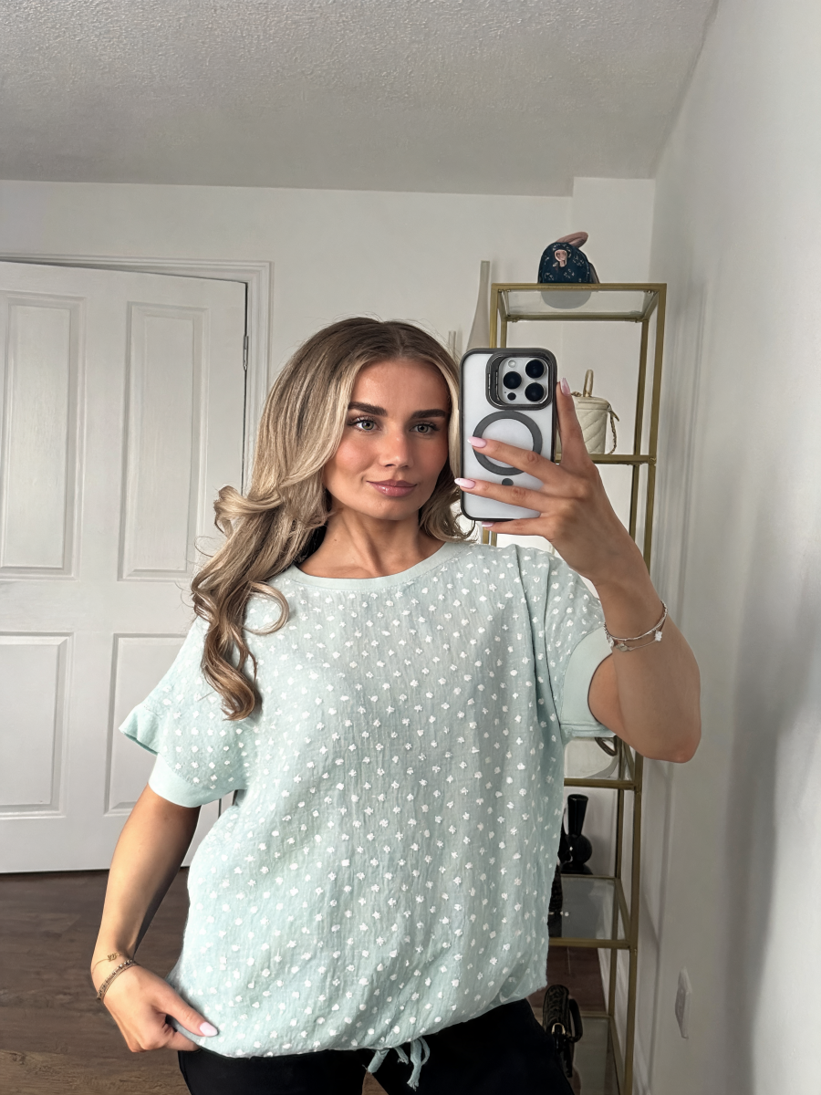 Polka Dot Textured Tee with Ruffle Sleeves & Drawstring Hem - Mint