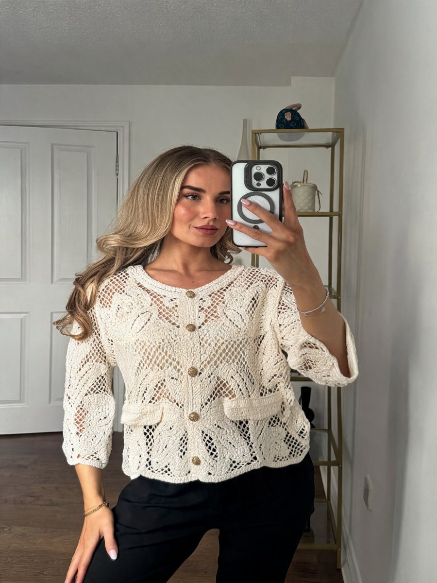 Open-Weave Crochet Cardigan with Gold Button Detail & Front Pockets - Beige