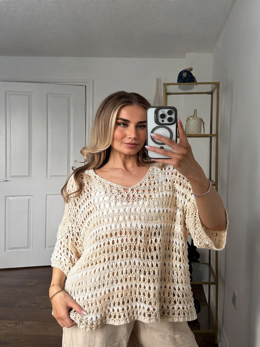 Oversized Open-Weave Crochet Top with V-Neck & 3/4 Sleeves - Beige