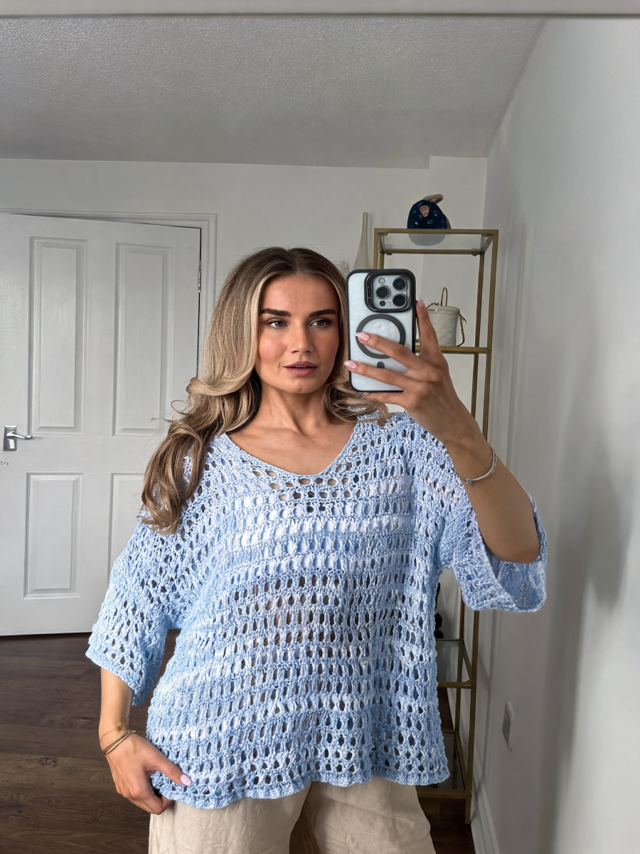 Oversized Open-Weave Crochet Top with V-Neck & 3/4 Sleeves - Sky Blue