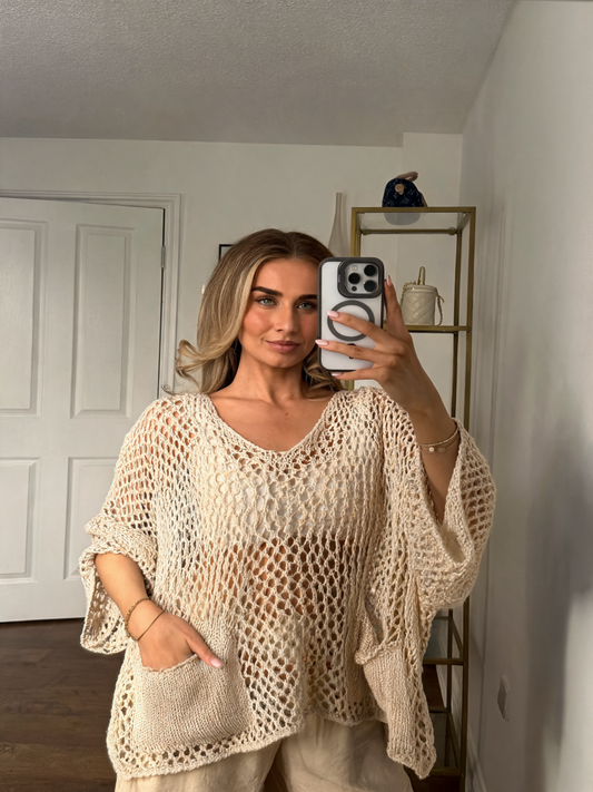 Oversized Mesh Knit Poncho Top with Front Pocket & Batwing Sleeves - Beige