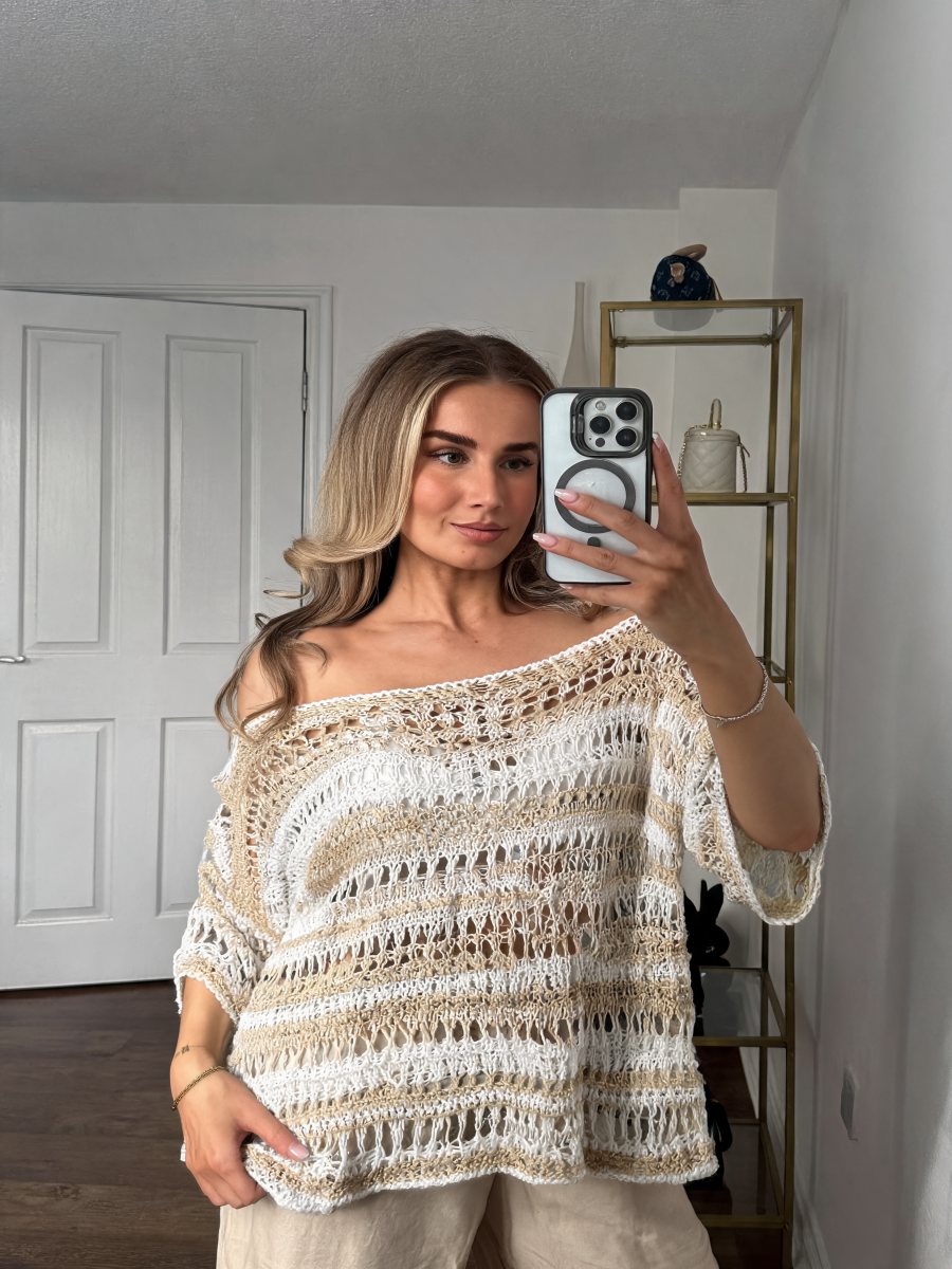 Striped Oversized Open-Weave Crochet Top with Off-Shoulder Neckline - Beige