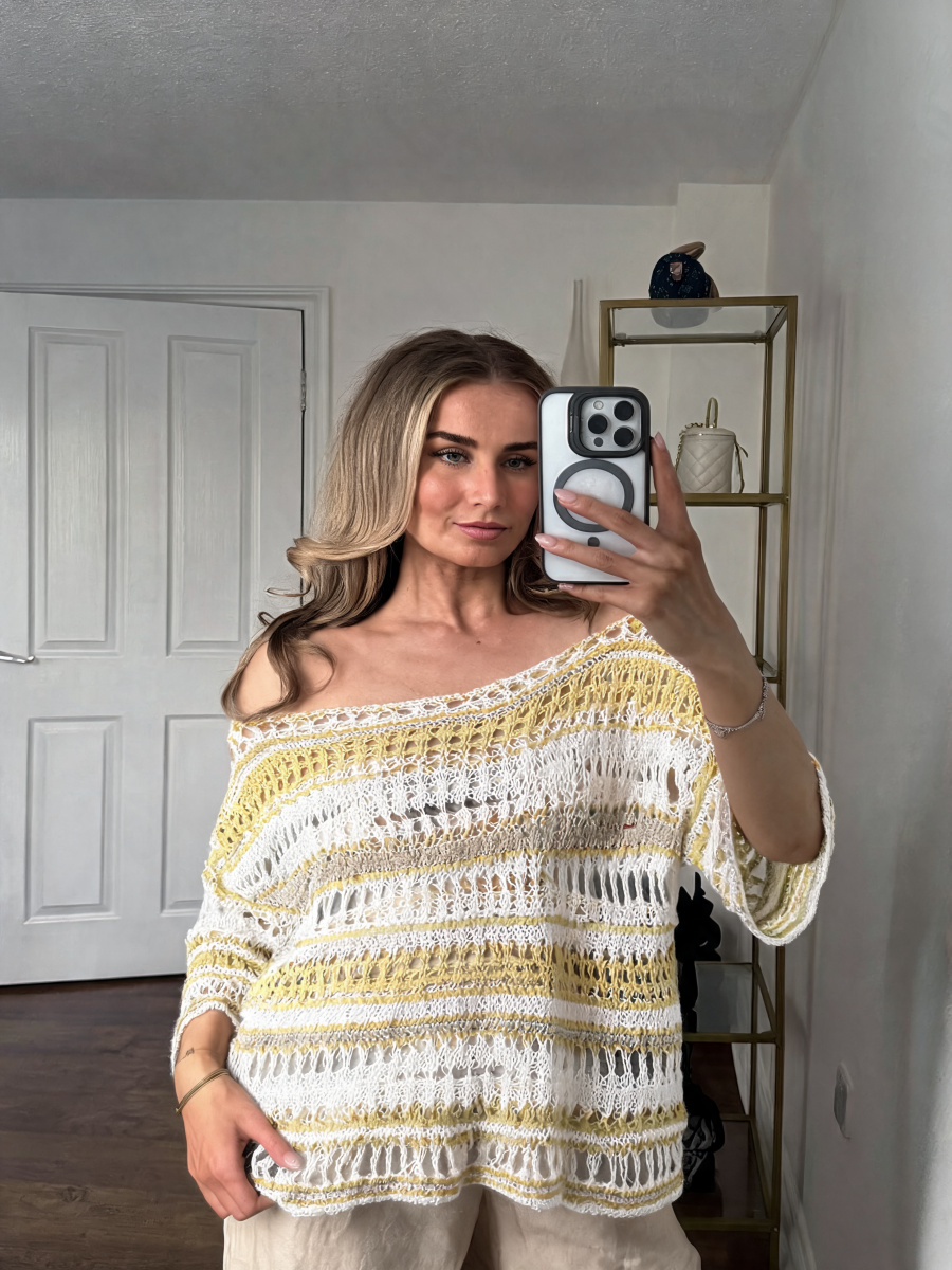 Striped Oversized Open-Weave Crochet Top with Off-Shoulder Neckline - Lemon