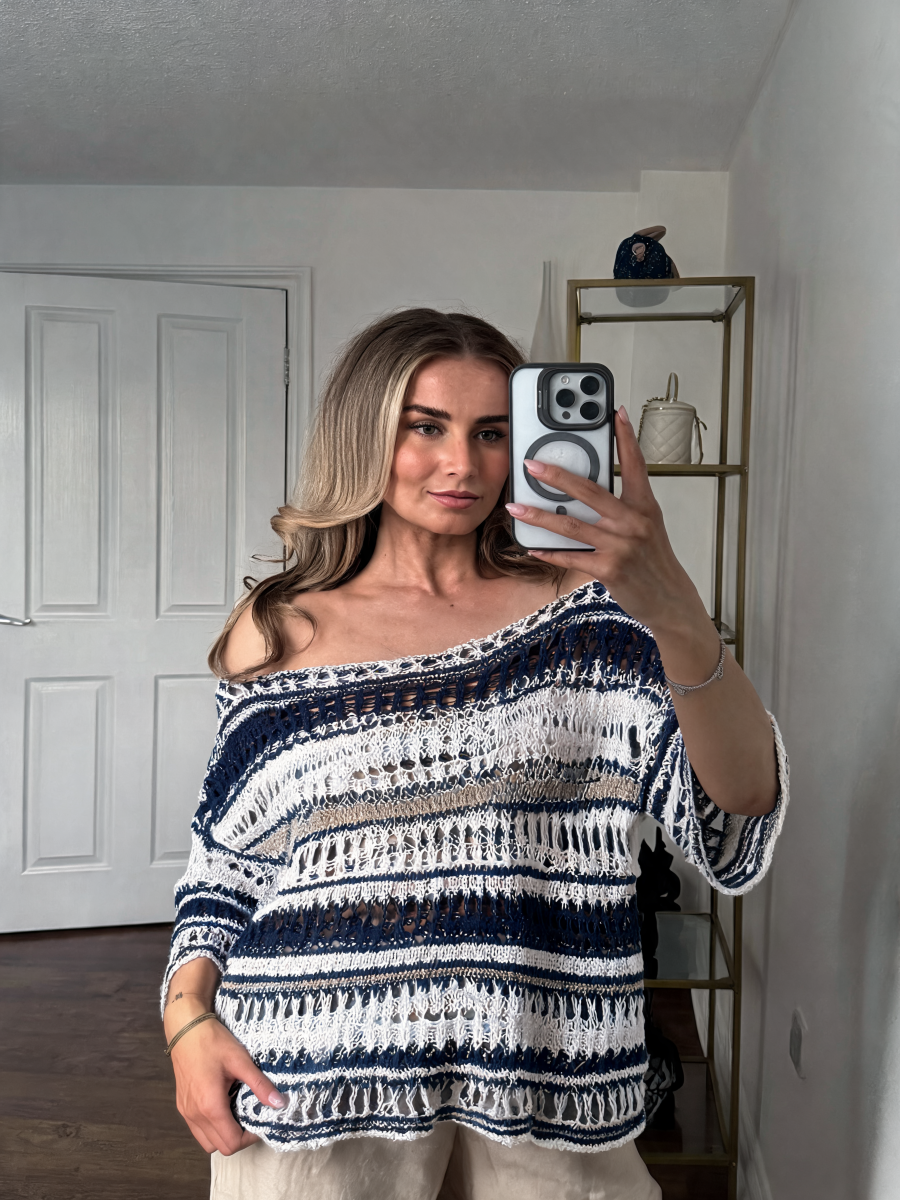 Striped Oversized Open-Weave Crochet Top with Off-Shoulder Neckline - Navy