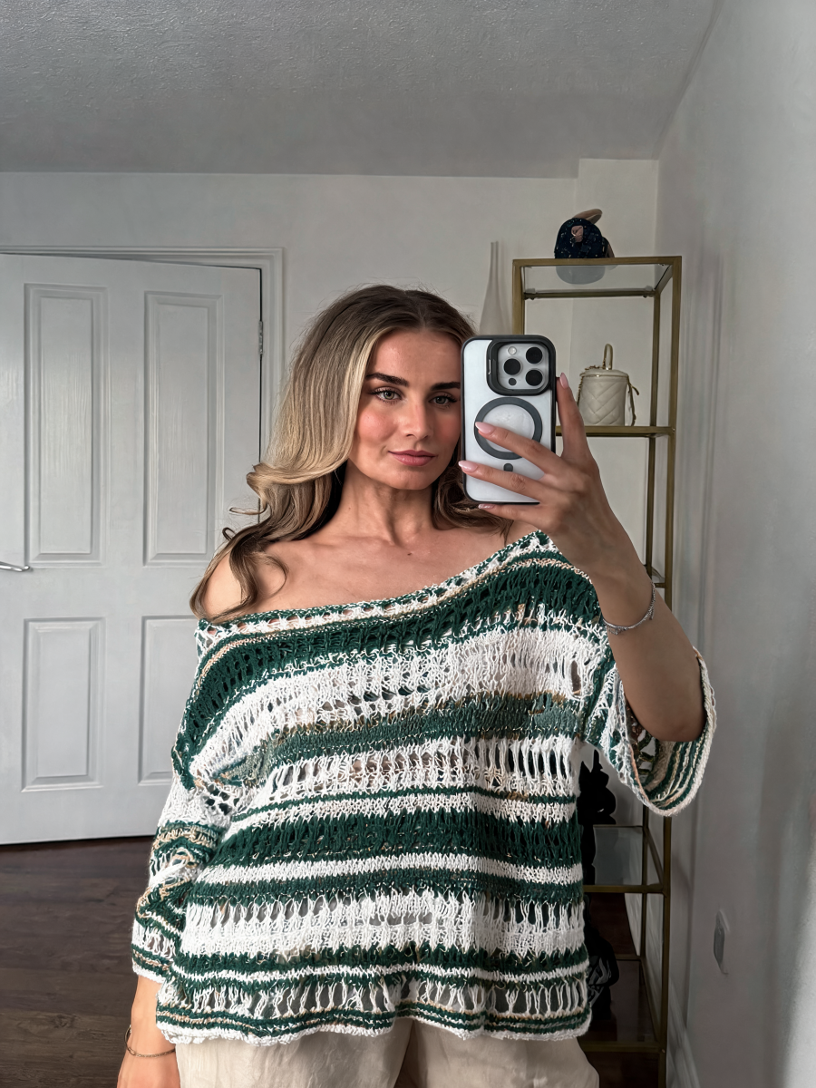Striped Oversized Open-Weave Crochet Top with Off-Shoulder Neckline - Khaki