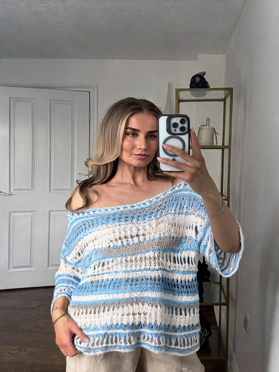 Striped Oversized Open-Weave Crochet Top with Off-Shoulder Neckline - Sky Blue