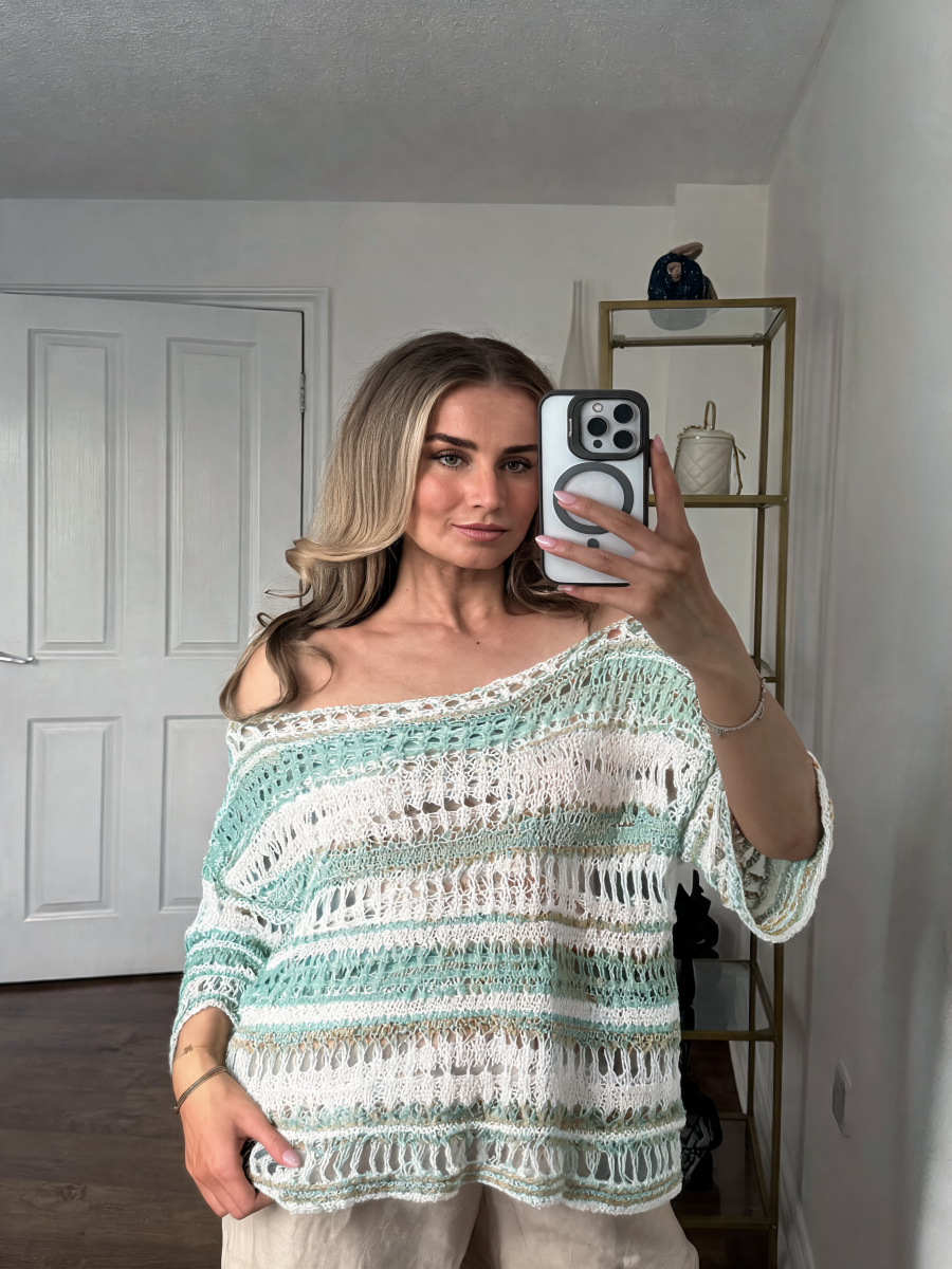 Striped Oversized Open-Weave Crochet Top with Off-Shoulder Neckline - Mint