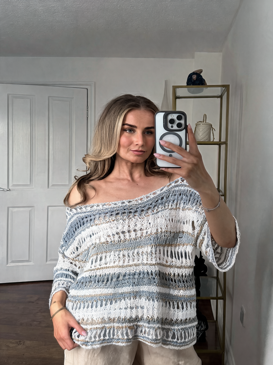 Striped Oversized Open-Weave Crochet Top with Off-Shoulder Neckline - Grey